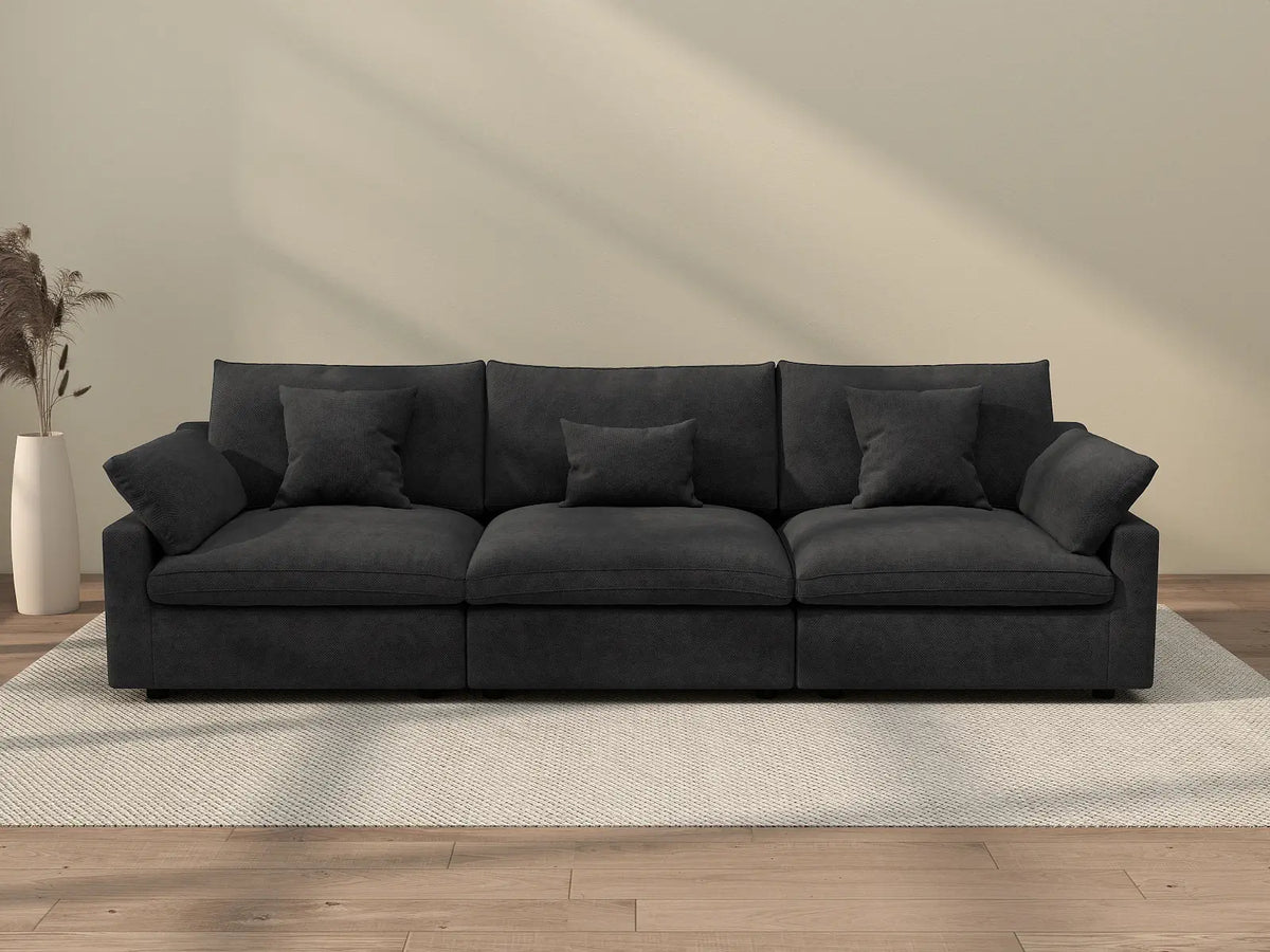 Deluxe Cloud 3-Seater Black Washable Couch Sectional | 3-Piece, Chenille and Linen Fabric, Modular Design