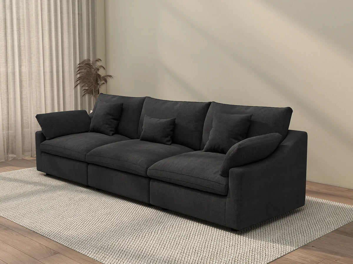 Deluxe Cloud 3-Seater Black Washable Couch Sectional | 3-Piece, Chenille and Linen Fabric, Modular Design