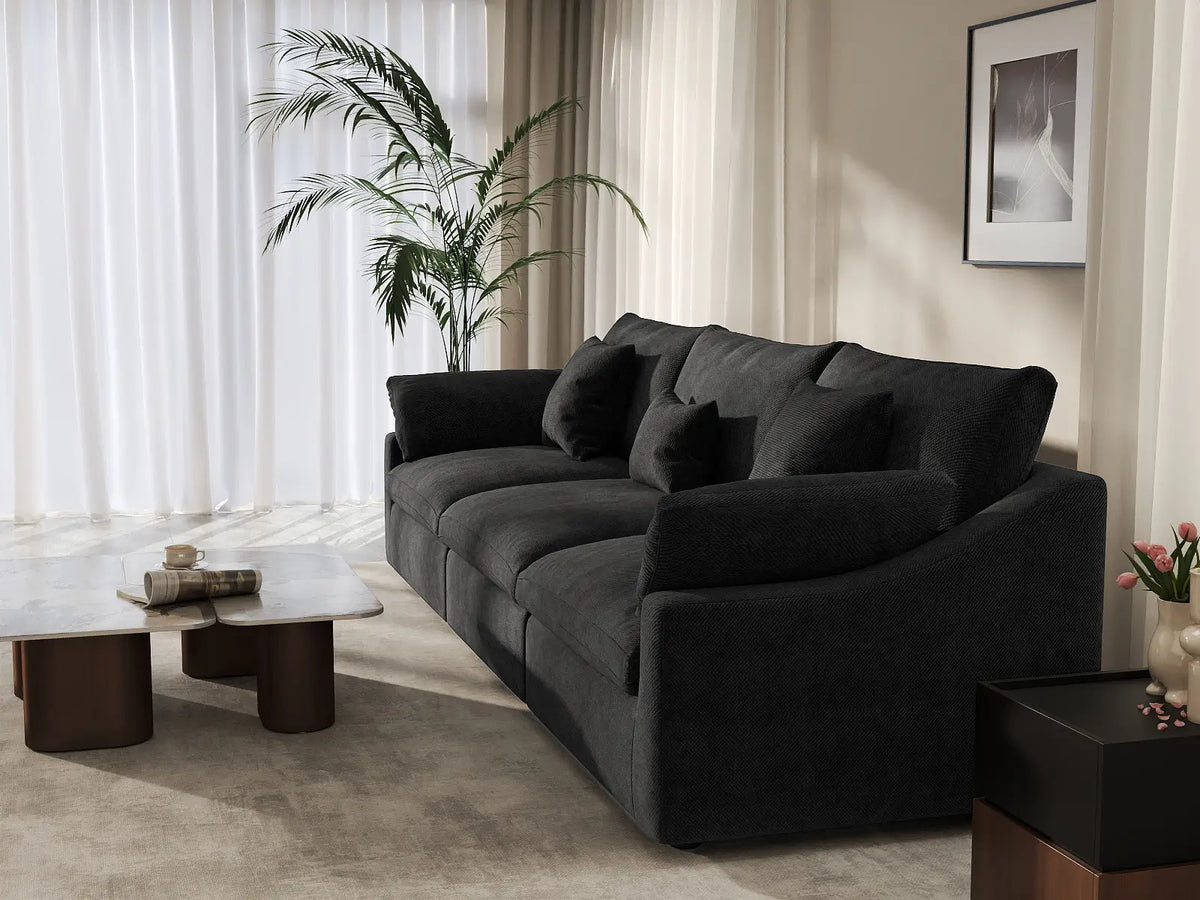 Deluxe Cloud 3-Seater Black Washable Couch Sectional | 3-Piece, Chenille and Linen Fabric, Modular Design