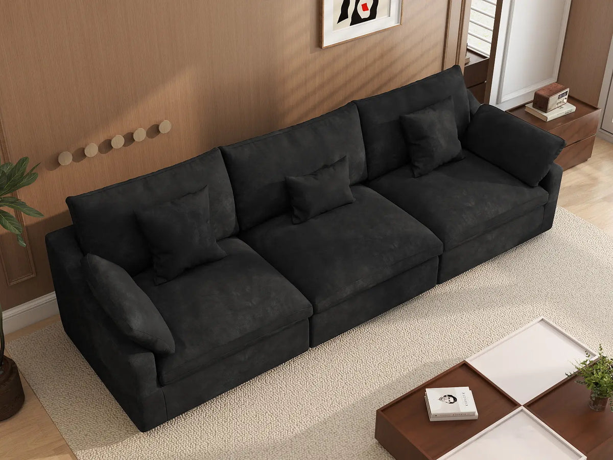 Deluxe Cloud 3-Seater Black Washable Couch Sectional | 3-Piece, Chenille and Linen Fabric, Modular Design