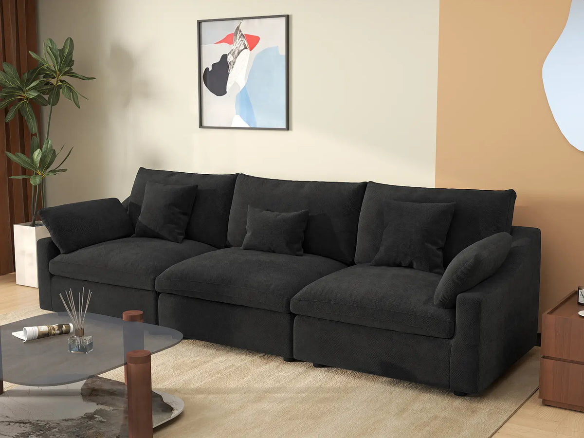 Deluxe Cloud 3-Seater Black Washable Couch Sectional | 3-Piece, Chenille and Linen Fabric, Modular Design