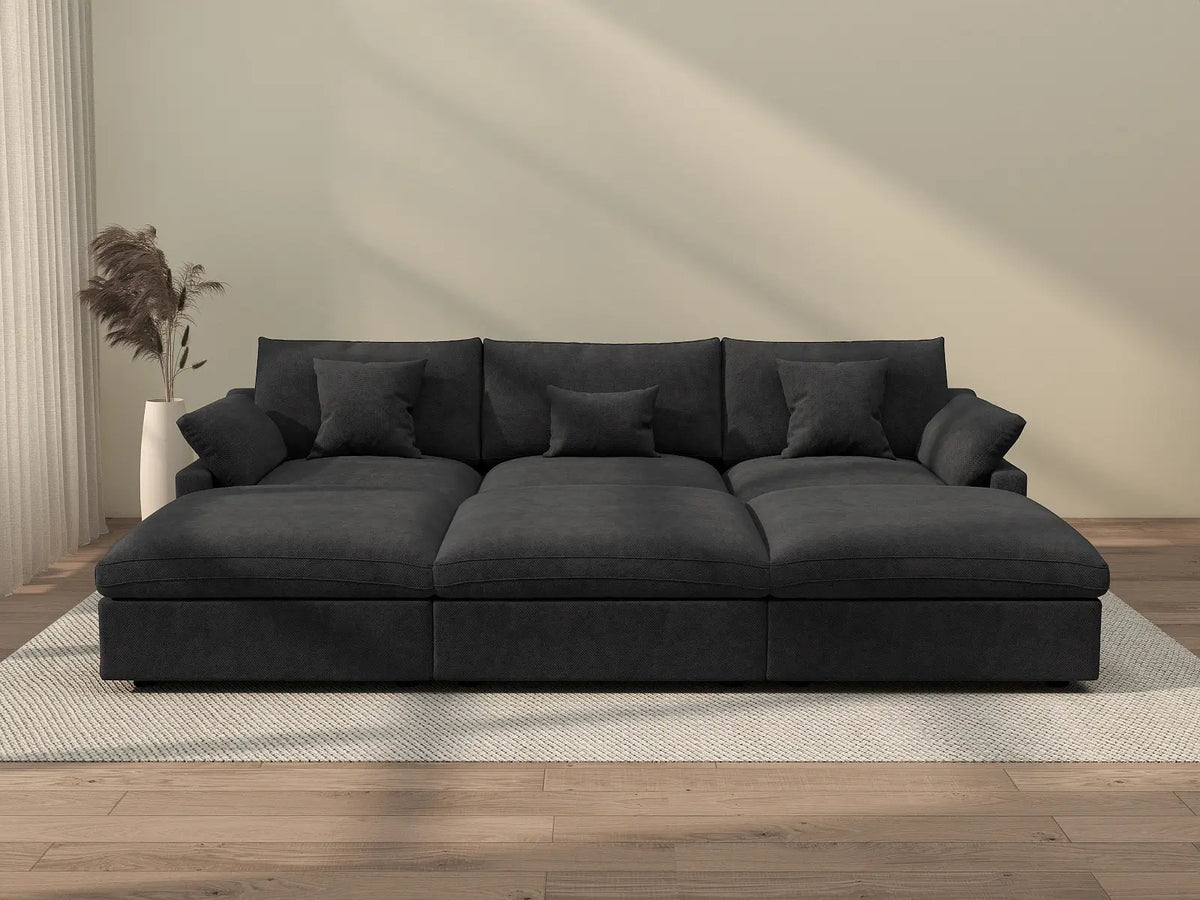 Deluxe Cloud 3-Seater Black Washable Pit Sectional | 6-Piece (includes 3 Ottomans), Chenille and Linen Fabric, Modular Design