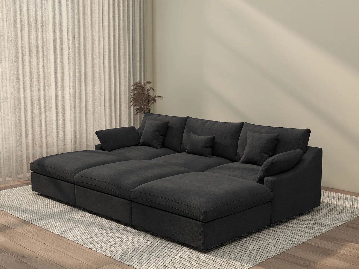 Deluxe Cloud 3-Seater Black Washable Pit Sectional | 6-Piece (includes 3 Ottomans), Chenille and Linen Fabric, Modular Design