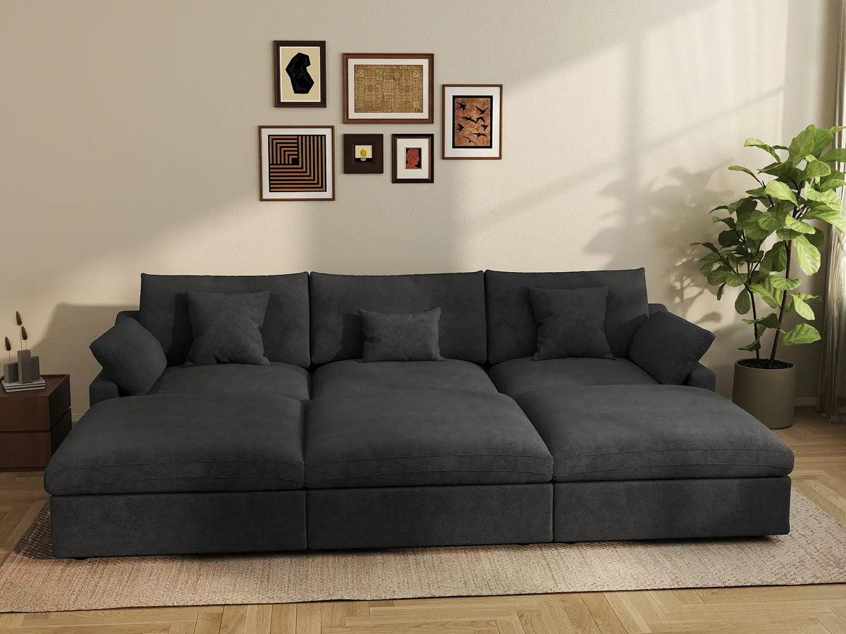 Deluxe Cloud 3-Seater Black Washable Pit Sectional | 6-Piece (includes 3 Ottomans), Chenille and Linen Fabric, Modular Design