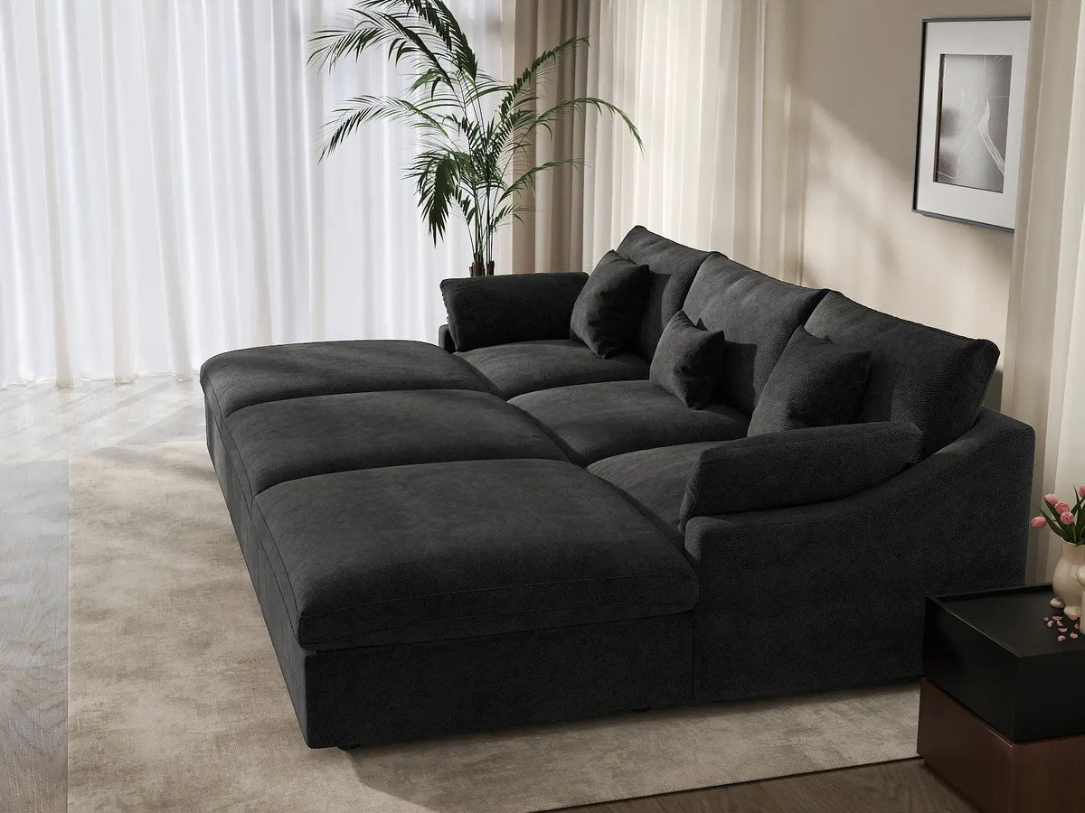 Deluxe Cloud 3-Seater Black Washable Pit Sectional | 6-Piece (includes 3 Ottomans), Chenille and Linen Fabric, Modular Design