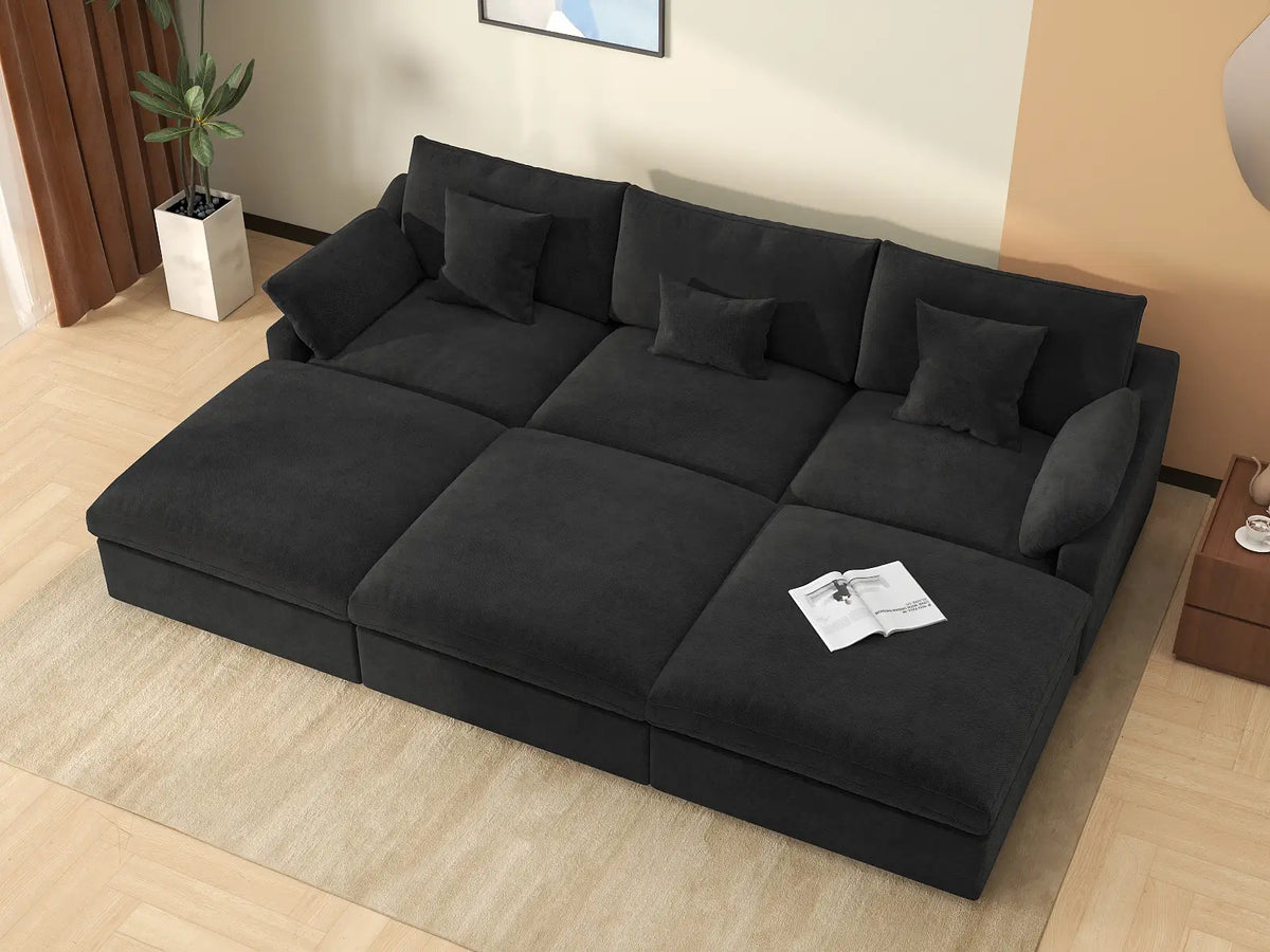 Deluxe Cloud 3-Seater Black Washable Pit Sectional | 6-Piece (includes 3 Ottomans), Chenille and Linen Fabric, Modular Design