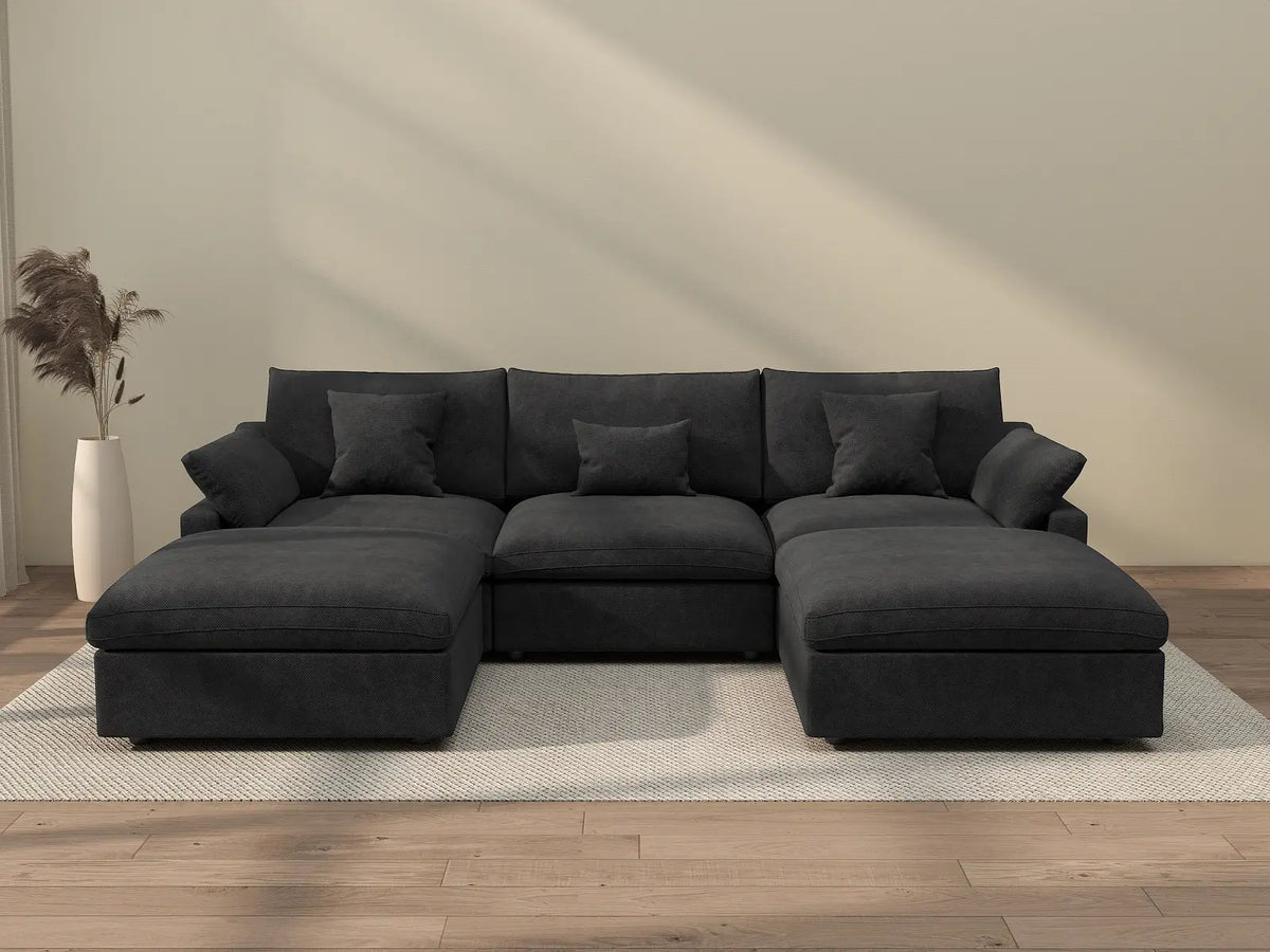 Deluxe Cloud 3-Seater Black Washable U-Shaped Sectional | 5-Piece (includes 2 Ottomans), Chenille and Linen Fabric, Modular Design