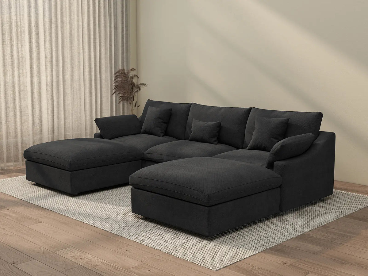 Deluxe Cloud 3-Seater Black Washable U-Shaped Sectional | 5-Piece (includes 2 Ottomans), Chenille and Linen Fabric, Modular Design
