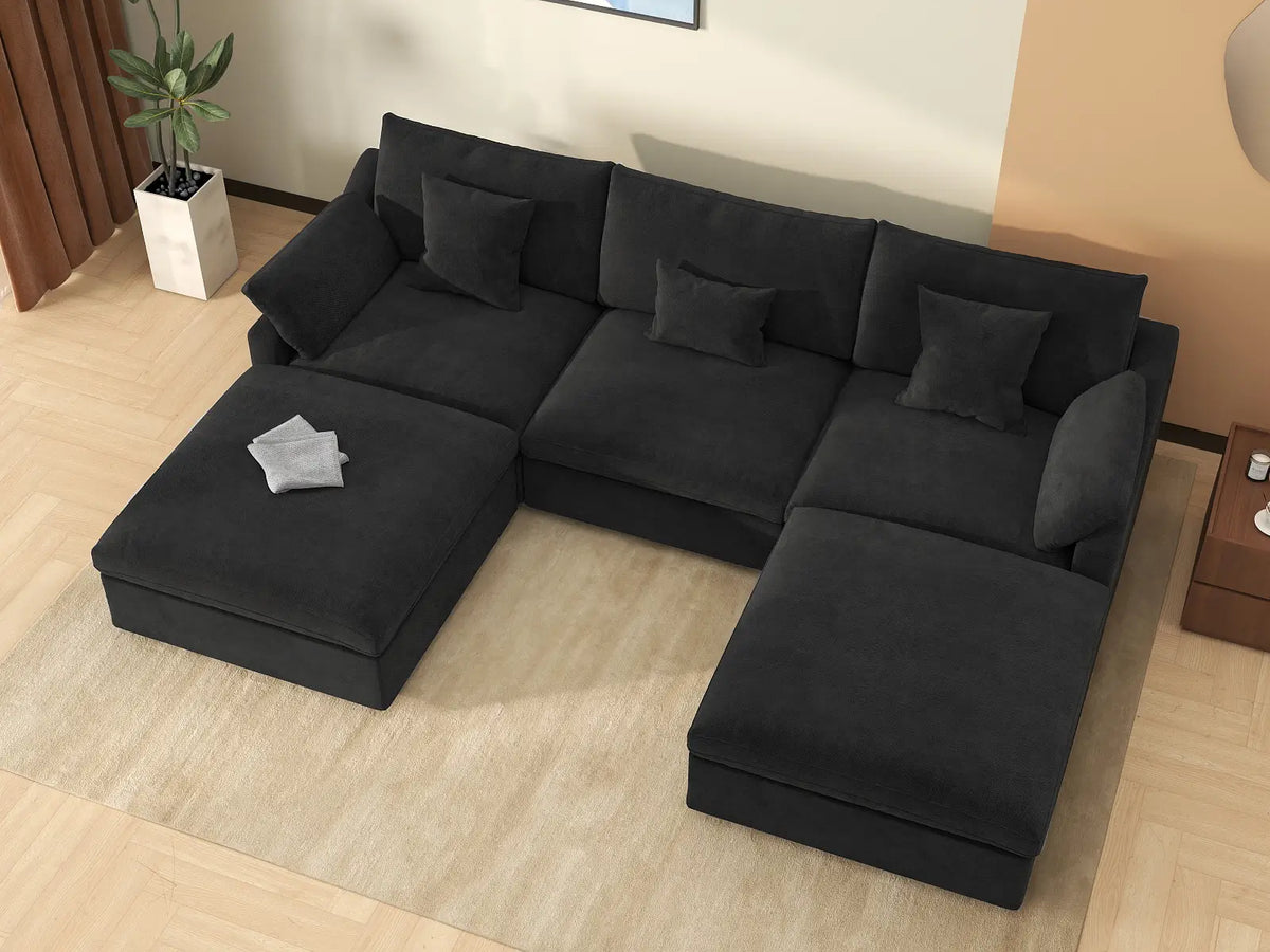 Deluxe Cloud 3-Seater Black Washable U-Shaped Sectional | 5-Piece (includes 2 Ottomans), Chenille and Linen Fabric, Modular Design