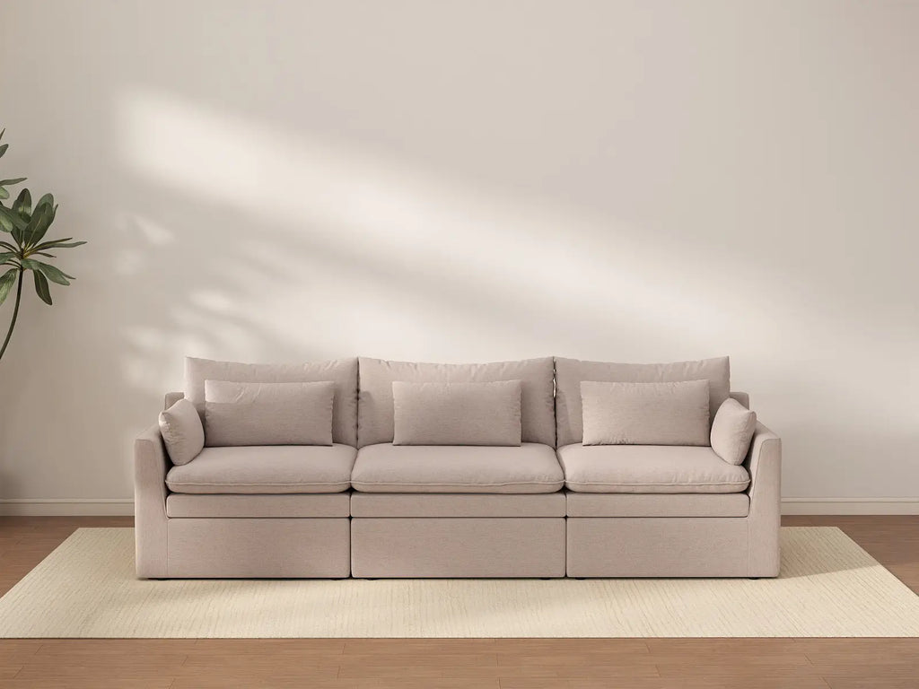 Deluxe Cloud 3-Seater Khaki Couch Sectional | 3-Piece, Linen Look Poly Fabric, Washable Cushion Covers