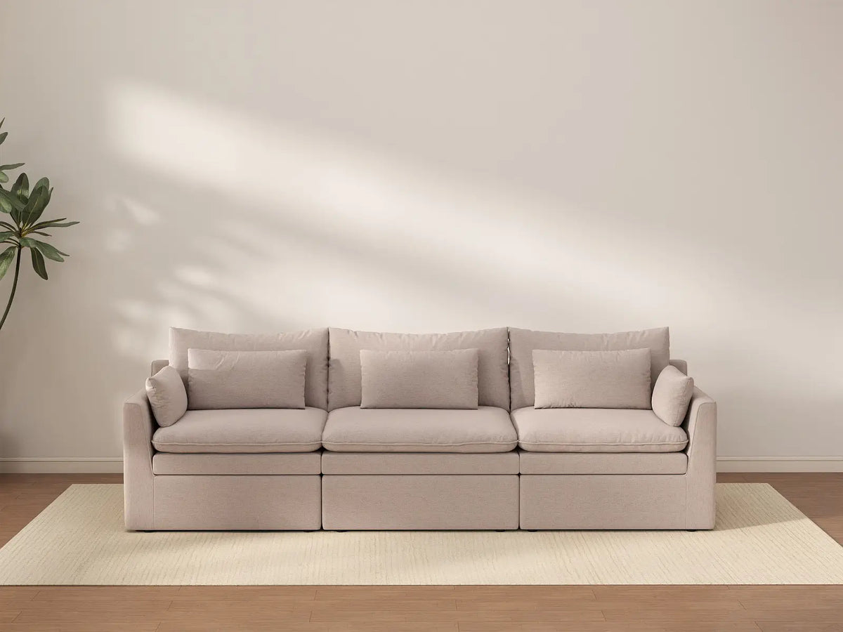 Deluxe Cloud 3-Seater Khaki Couch Sectional | 3-Piece, Linen Look Poly Fabric, Washable Cushion Covers
