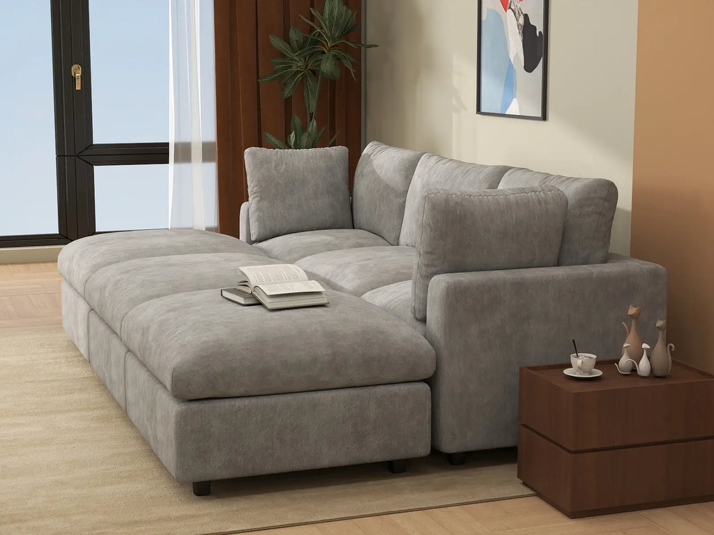 Deluxe Cloud 3-Seater Light Grey Pit Sectional | 6-Piece (Includes 3 Ottomans), Linen-Blend Chenille Fabric, Washable Cushion Covers
