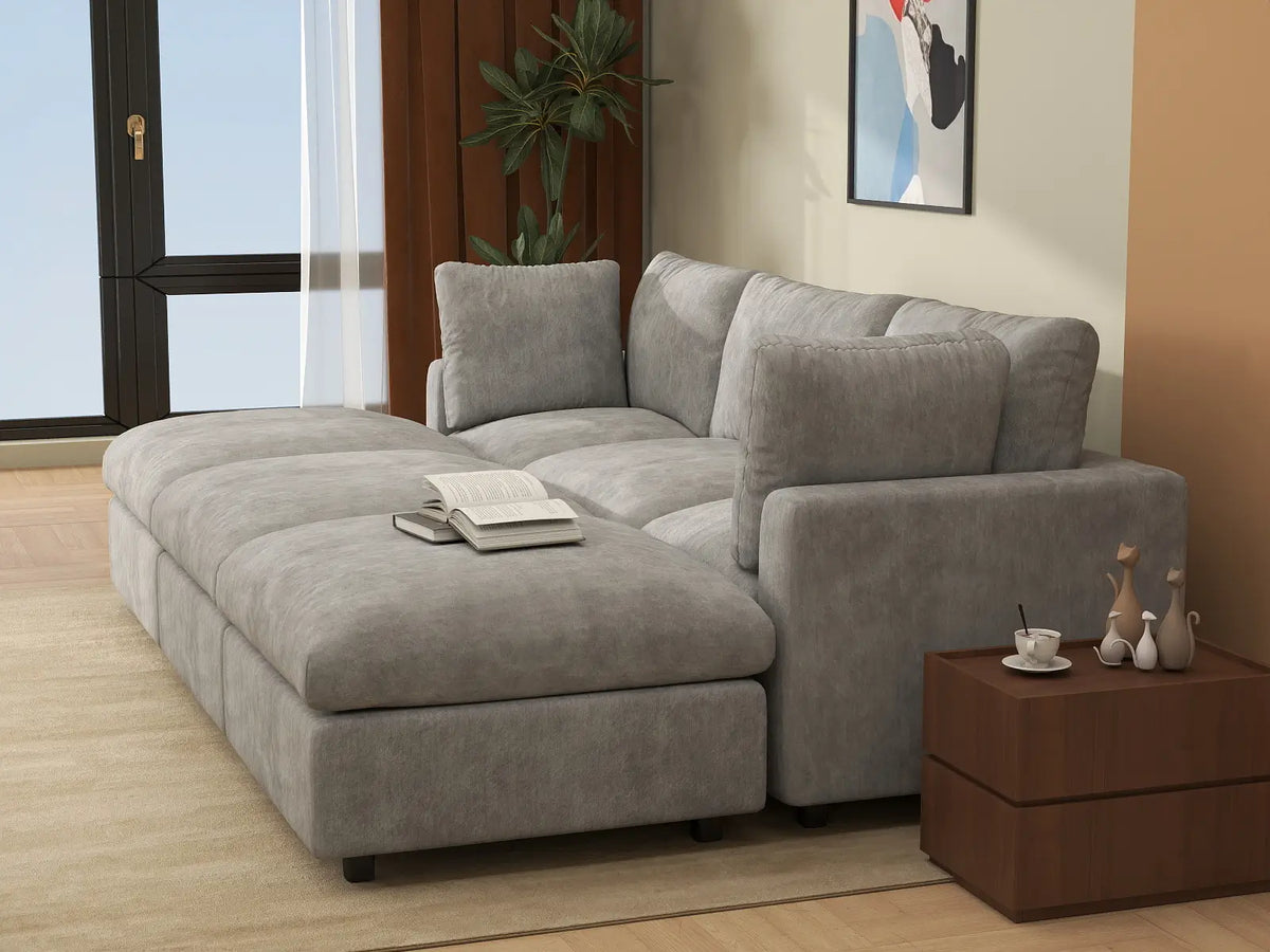Deluxe Cloud 3-Seater Light Grey Pit Sectional | 6-Piece (Includes 3 Ottomans), Linen-Blend Chenille Fabric, Washable Cushion Covers