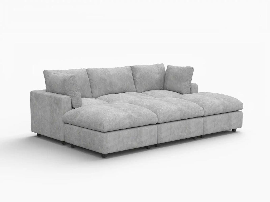 Deluxe Cloud 3-Seater Light Grey Pit Sectional | 6-Piece (Includes 3 Ottomans), Linen-Blend Chenille Fabric, Washable Cushion Covers