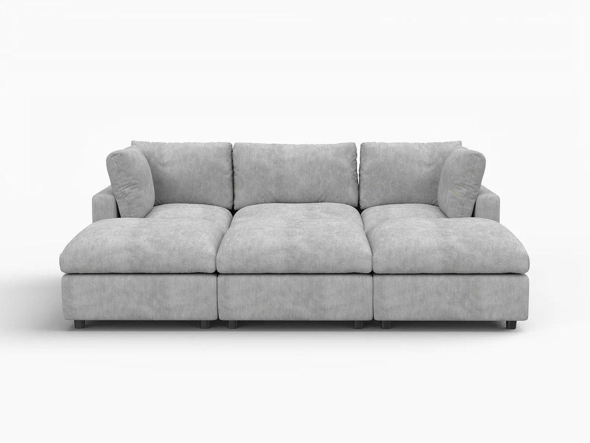 Deluxe Cloud 3-Seater Light Grey Pit Sectional | 6-Piece (Includes 3 Ottomans), Linen-Blend Chenille Fabric, Washable Cushion Covers