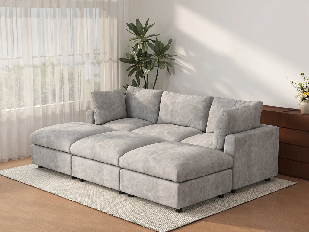 Deluxe Cloud 3-Seater Light Grey Pit Sectional | 6-Piece (Includes 3 Ottomans), Linen-Blend Chenille Fabric, Washable Cushion Covers