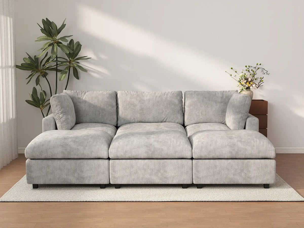 Deluxe Cloud 3-Seater Light Grey Pit Sectional | 6-Piece (Includes 3 Ottomans), Linen-Blend Chenille Fabric, Washable Cushion Covers