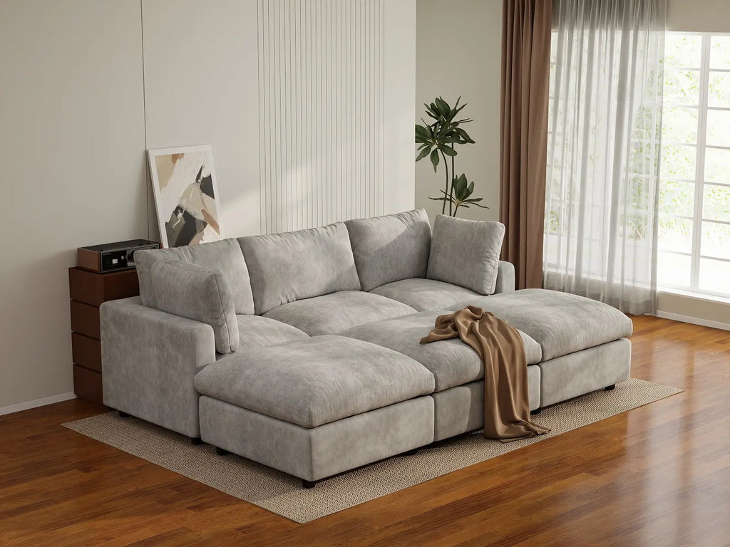 Deluxe Cloud 3-Seater Light Grey Pit Sectional | 6-Piece (Includes 3 Ottomans), Linen-Blend Chenille Fabric, Washable Cushion Covers