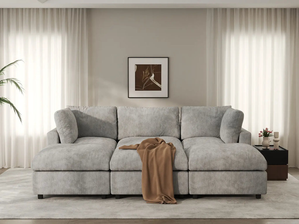 Deluxe Cloud 3-Seater Light Grey Pit Sectional | 6-Piece (Includes 3 Ottomans), Linen-Blend Chenille Fabric, Washable Cushion Covers