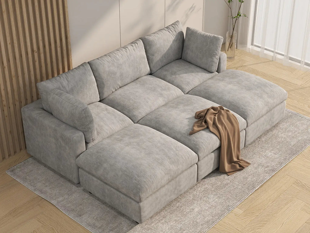 Deluxe Cloud 3-Seater Light Grey Pit Sectional | 6-Piece (Includes 3 Ottomans), Linen-Blend Chenille Fabric, Washable Cushion Covers