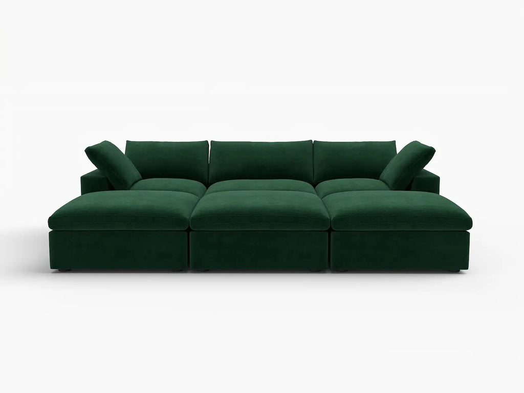 Deluxe Cloud 3-Seater Olive Green Pit Sectional | 6-Piece (Includes 3 Ottomans), Velvet Fabric, Family Room Seating, Washable Cushion Covers