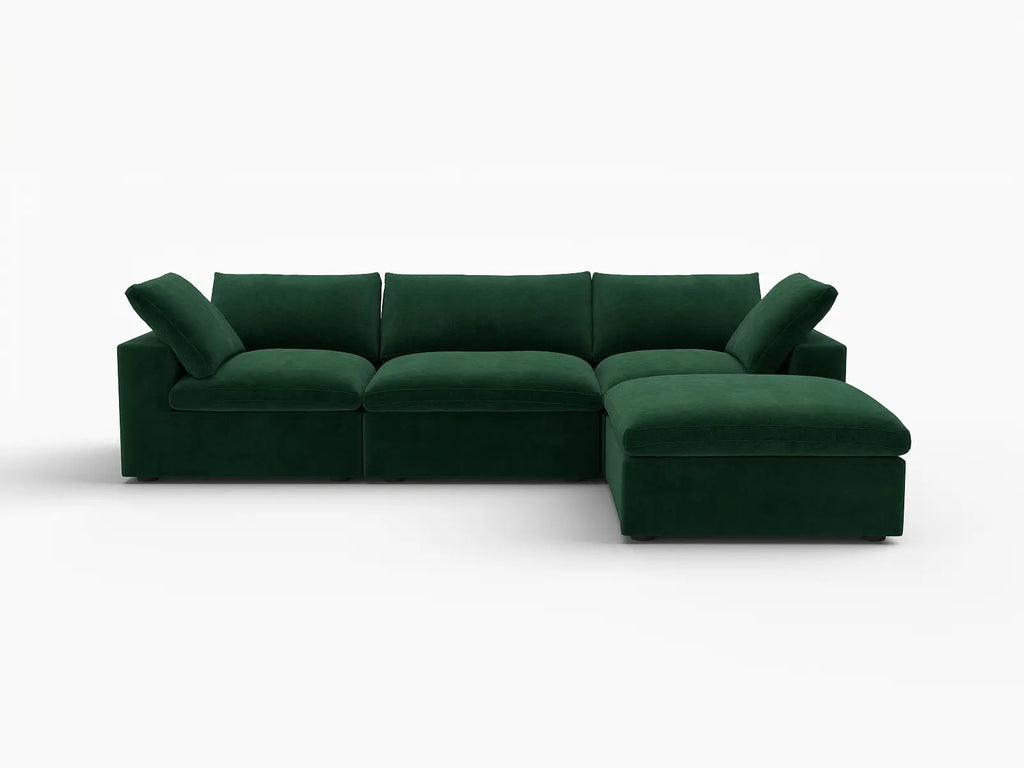 Deluxe Cloud 3-Seater Olive Green Sofa Set | 4-Piece (Includes 1 Ottoman), Velvet Fabric, Washable Cushion Covers