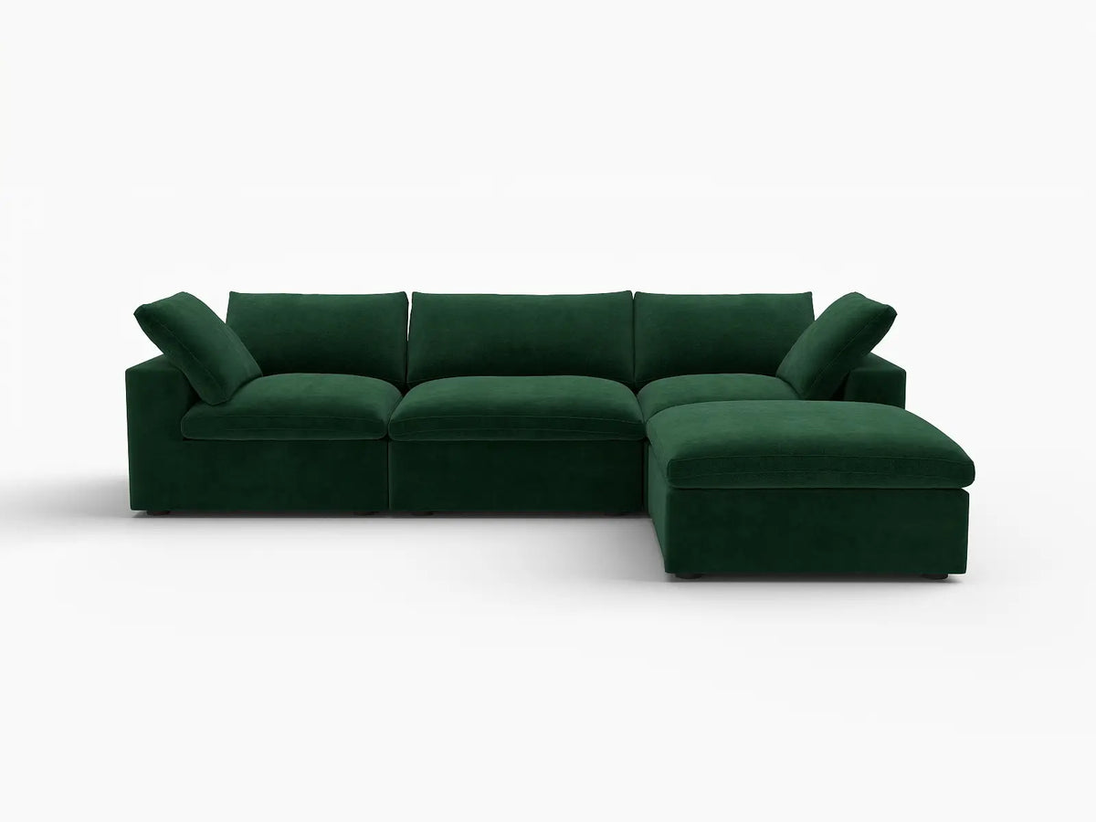 Deluxe Cloud 3-Seater Olive Green Sofa Set | 4-Piece (Includes 1 Ottoman), Velvet Fabric, Washable Cushion Covers