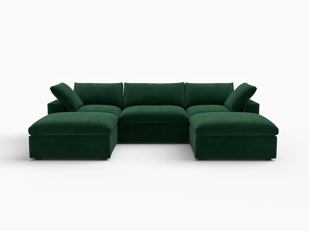 Deluxe Cloud 3-Seater Olive Green U-Shaped Sectional | 5-Piece (Includes 2 Ottomans), Velvet Fabric, Family Room Seating, Washable Cushion Covers