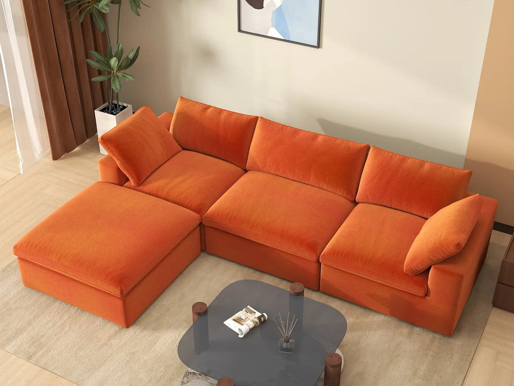 Deluxe Cloud 3-Seater Orange Sofa Set | 4-Piece (Includes 1 Ottoman), Velvet Fabric, Washable Cushion Covers
