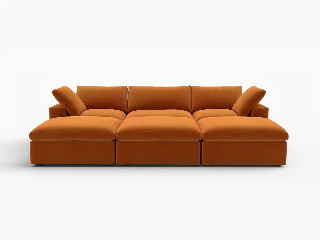 Deluxe Cloud 3-Seater Pit Sectional in Terracotta Velvet | 6-Piece (Includes 3 Ottomans), Family Room Seating, Easy To Clean, Stylish Design