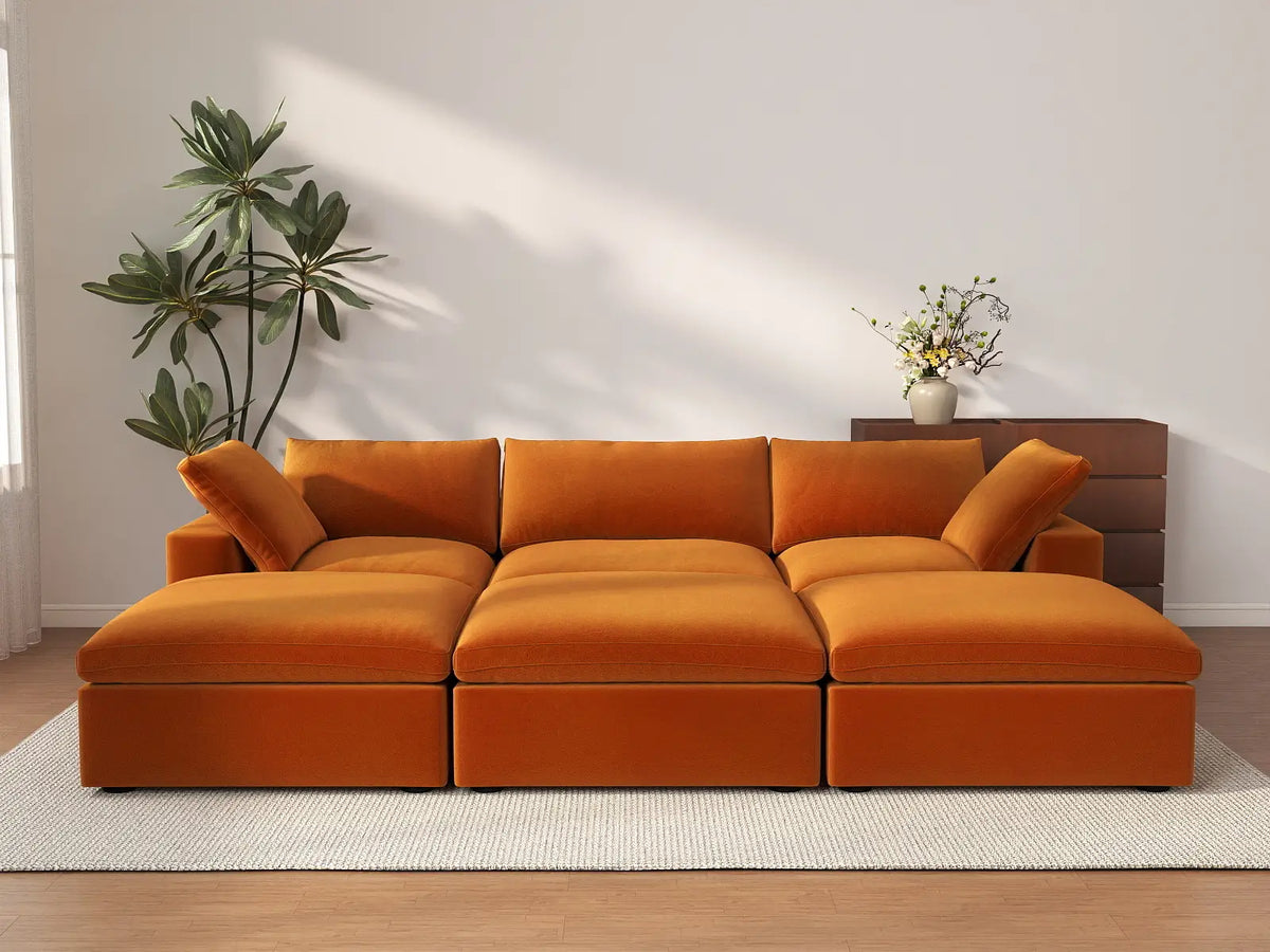 Deluxe Cloud 3-Seater Pit Sectional in Terracotta Velvet | 6-Piece (Includes 3 Ottomans), Family Room Seating, Easy To Clean, Stylish Design