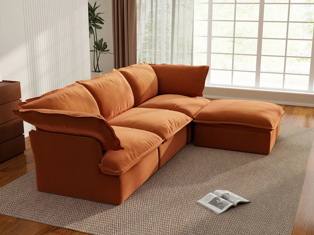 Deluxe Cloud 3-Seater Storage L-Shaped Sectional | 4-Piece (includes 1 ottoman), Velvet Fabric, Washable Covers