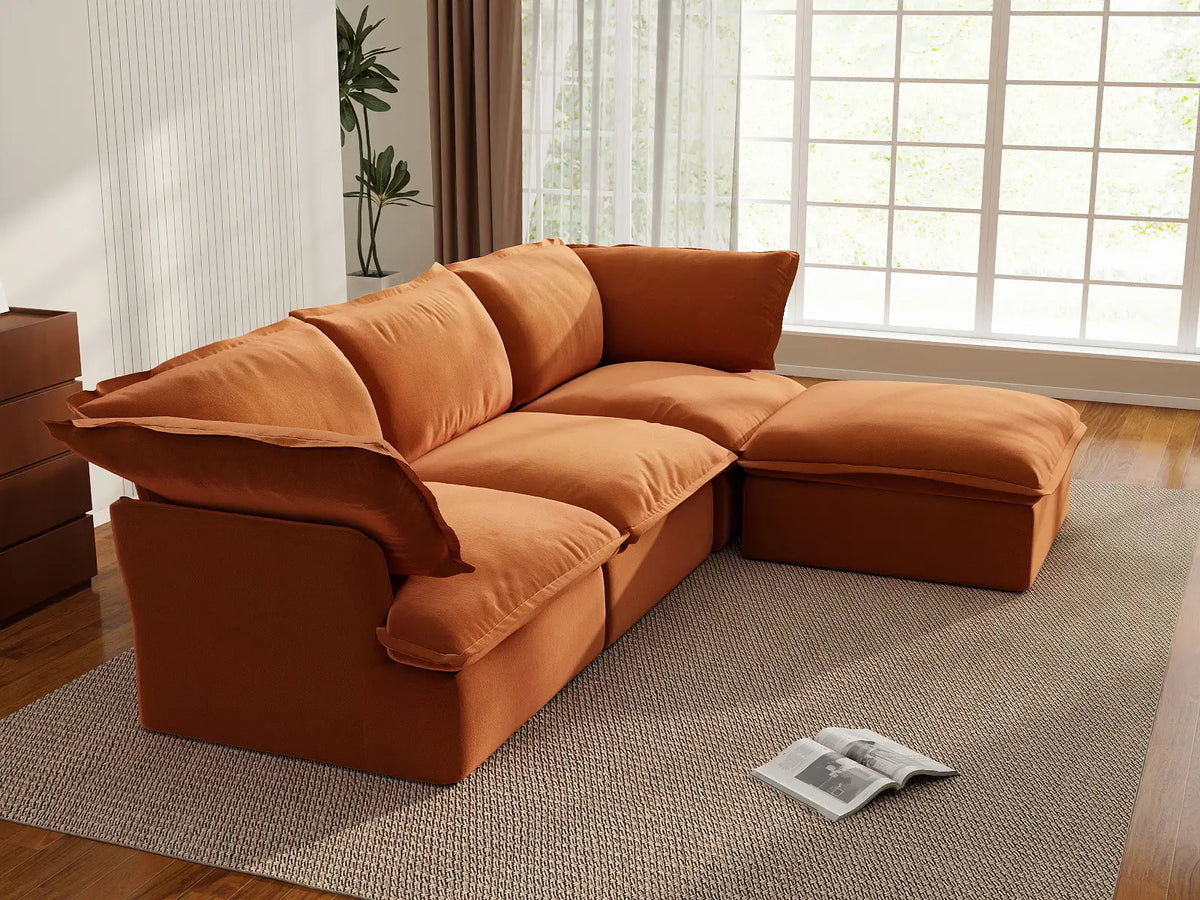 Deluxe Cloud 3-Seater Storage L-Shaped Sectional | 4-Piece (includes 1 ottoman), Velvet Fabric, Washable Covers