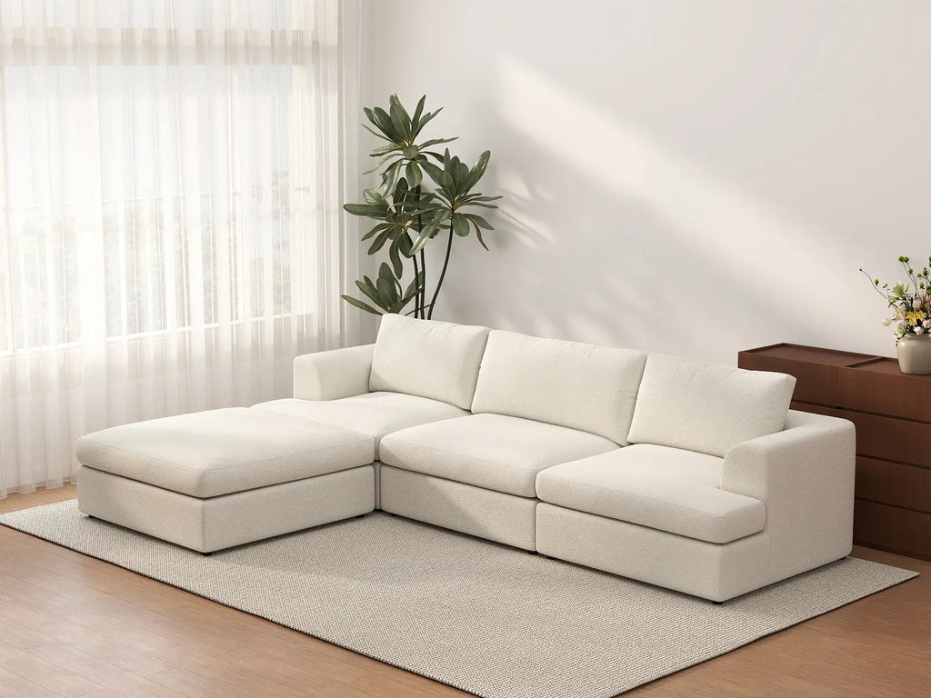 Deluxe Cloud 3-Seater White Large Space L-Shaped Sectional | 4-Piece (Includes 1 Ottoman), Bouclé Sherpa-Like Fabric, Easy To Clean