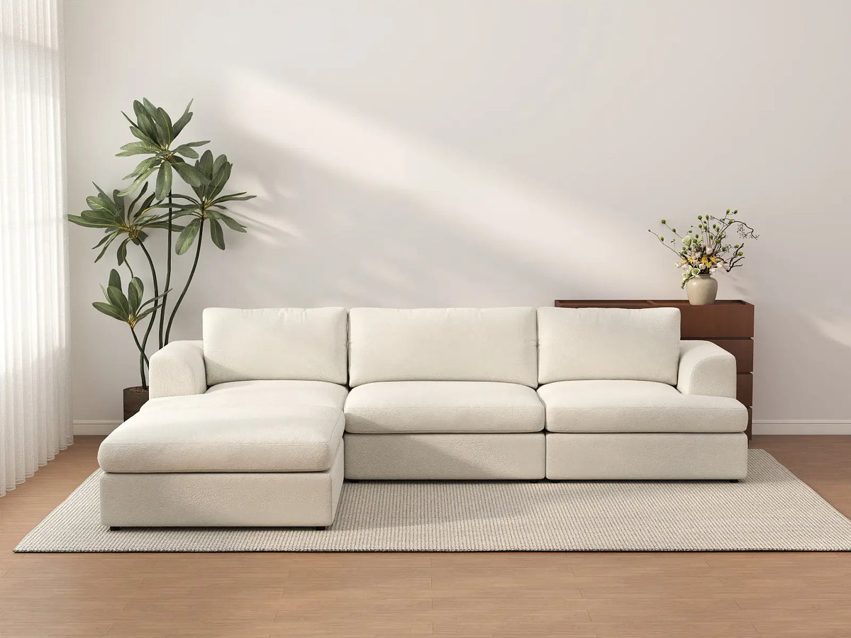 Deluxe Cloud 3-Seater White Large Space L-Shaped Sectional | 4-Piece (Includes 1 Ottoman), Bouclé Sherpa-Like Fabric, Easy To Clean