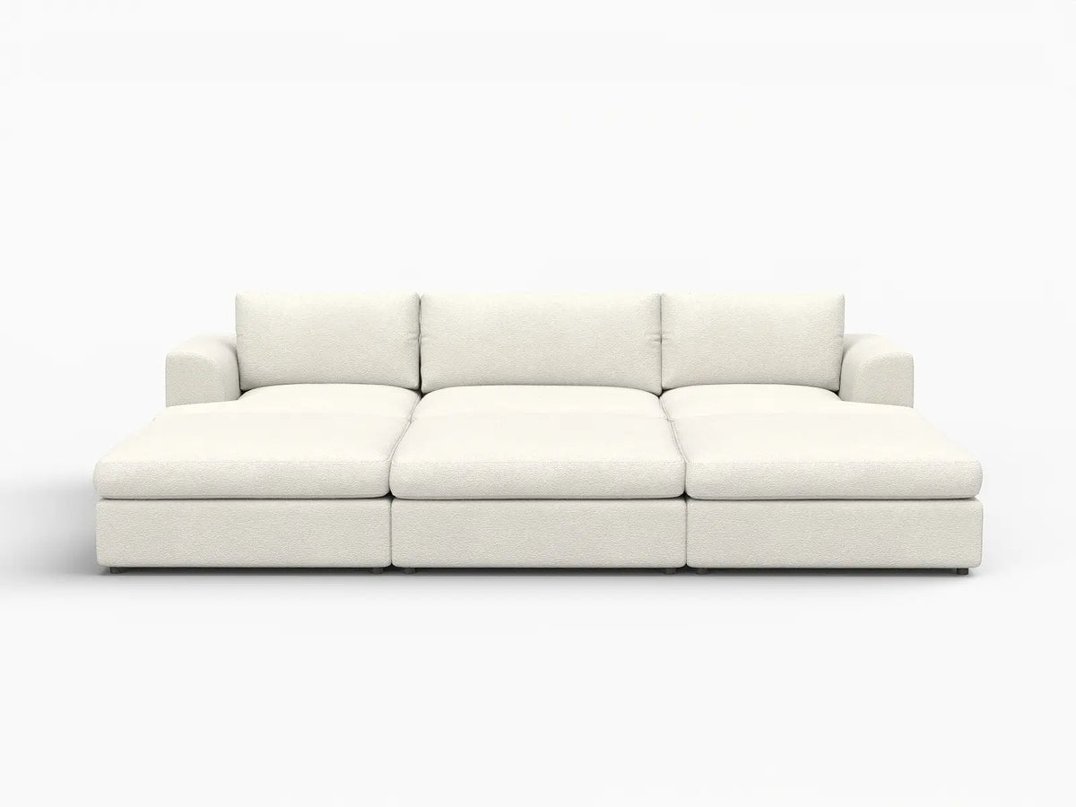 Deluxe Cloud 3-Seater White Large Space Pit Sectional | 6-Piece (Includes 3 Ottomans), Bouclé Sherpa-Like Fabric, Easy To Clean