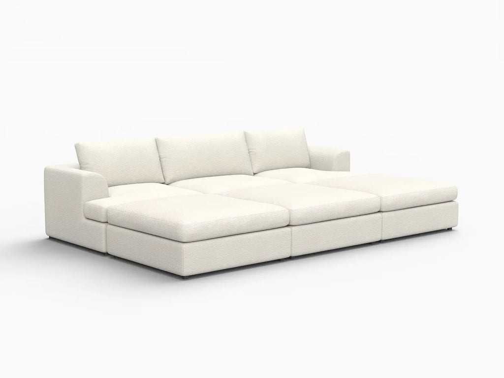 Deluxe Cloud 3-Seater White Large Space Pit Sectional | 6-Piece (Includes 3 Ottomans), Bouclé Sherpa-Like Fabric, Easy To Clean