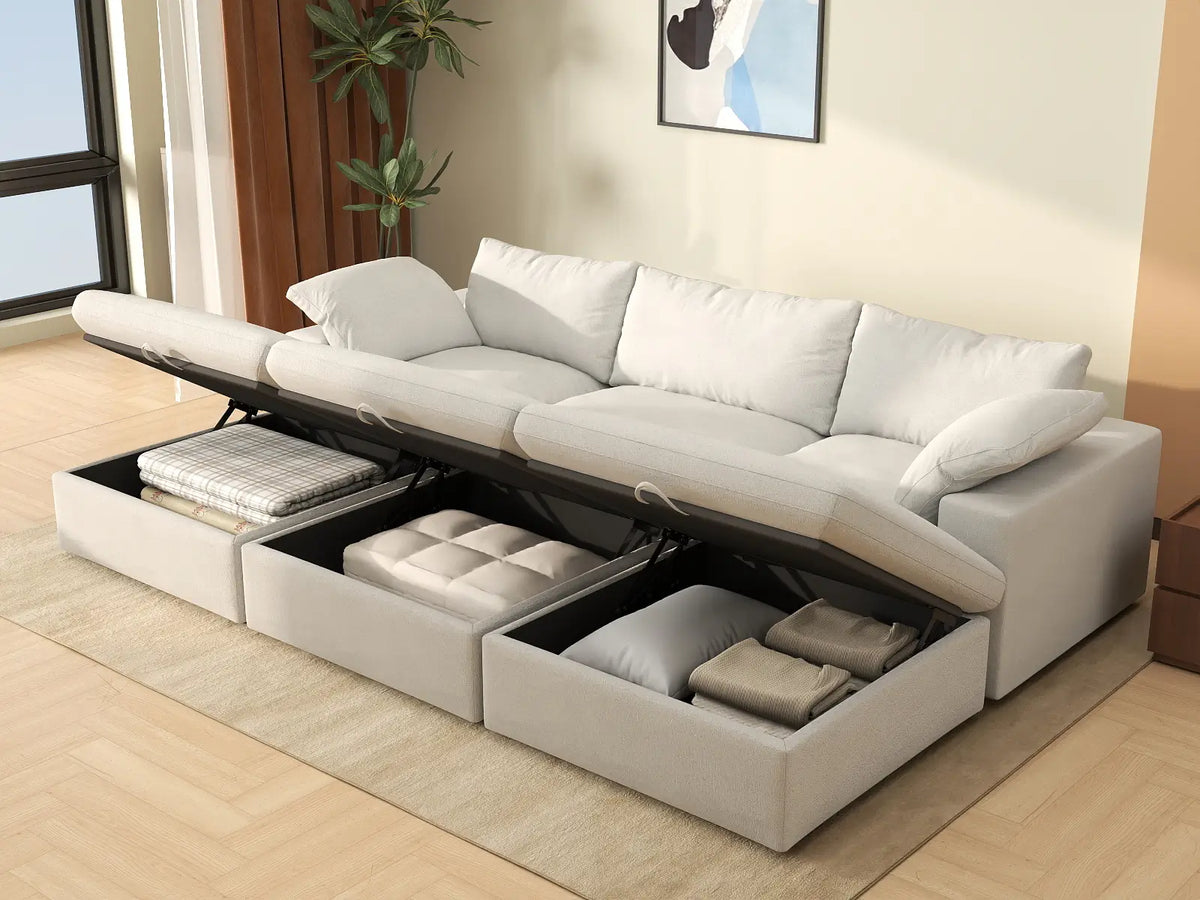 Deluxe Cloud 3-Seater White Pit Sectional | 6-Piece (Includes 3 Ottomans), Cotton And Linen Fabric, Family Room Seating, Washable Cushion Covers