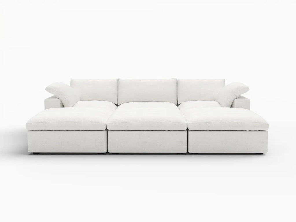 Deluxe Cloud 3-Seater White Pit Sectional | 6-Piece (Includes 3 Ottomans), Cotton And Linen Fabric, Family Room Seating, Washable Cushion Covers