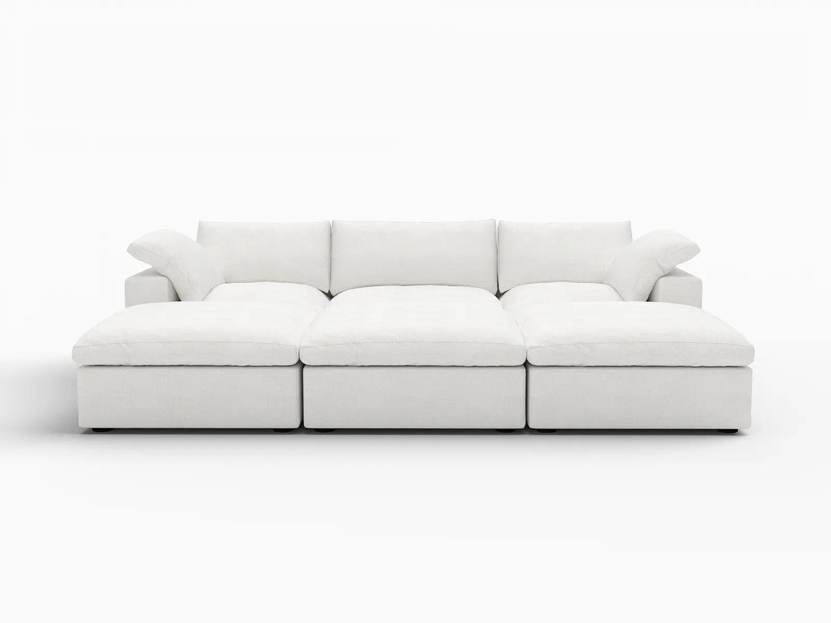Deluxe Cloud 3-Seater White Pit Sectional | 6-Piece (Includes 3 Ottomans), Cotton And Linen Fabric, Family Room Seating, Washable Cushion Covers
