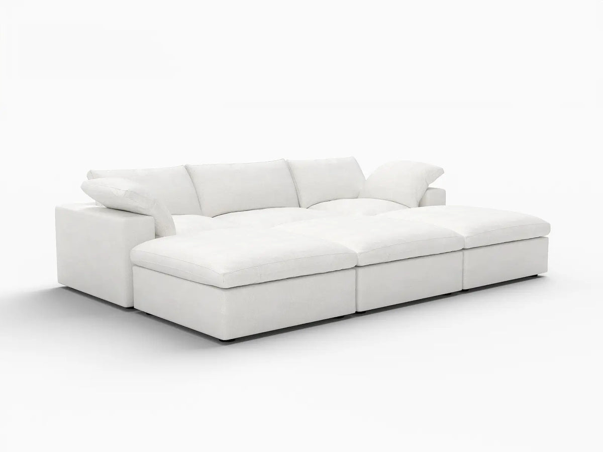 Deluxe Cloud 3-Seater White Pit Sectional | 6-Piece (Includes 3 Ottomans), Cotton And Linen Fabric, Family Room Seating, Washable Cushion Covers