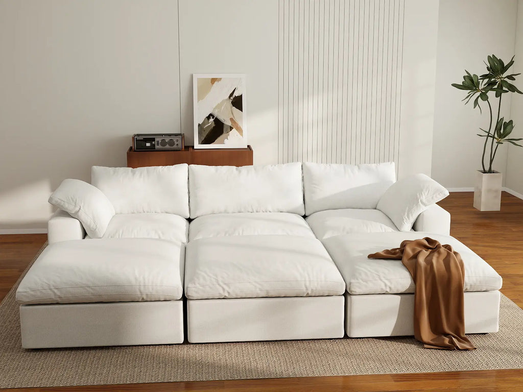 Deluxe Cloud 3-Seater White Pit Sectional | 6-Piece (Includes 3 Ottomans), Cotton And Linen Fabric, Family Room Seating, Washable Cushion Covers