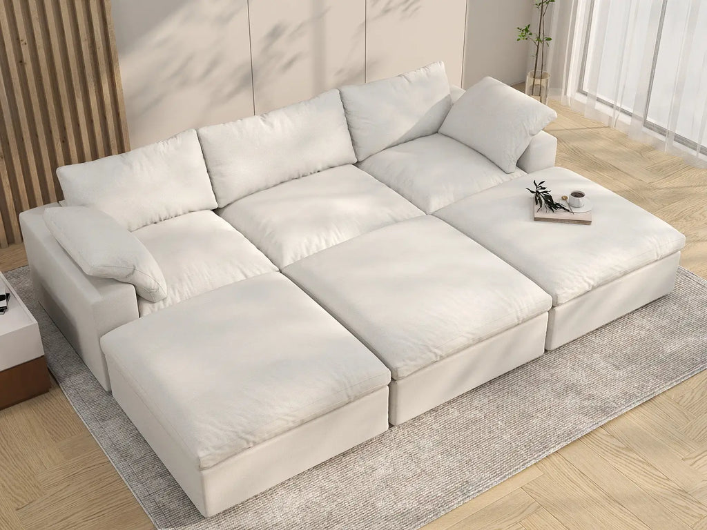 Deluxe Cloud 3-Seater White Pit Sectional | 6-Piece (Includes 3 Ottomans), Cotton And Linen Fabric, Family Room Seating, Washable Cushion Covers