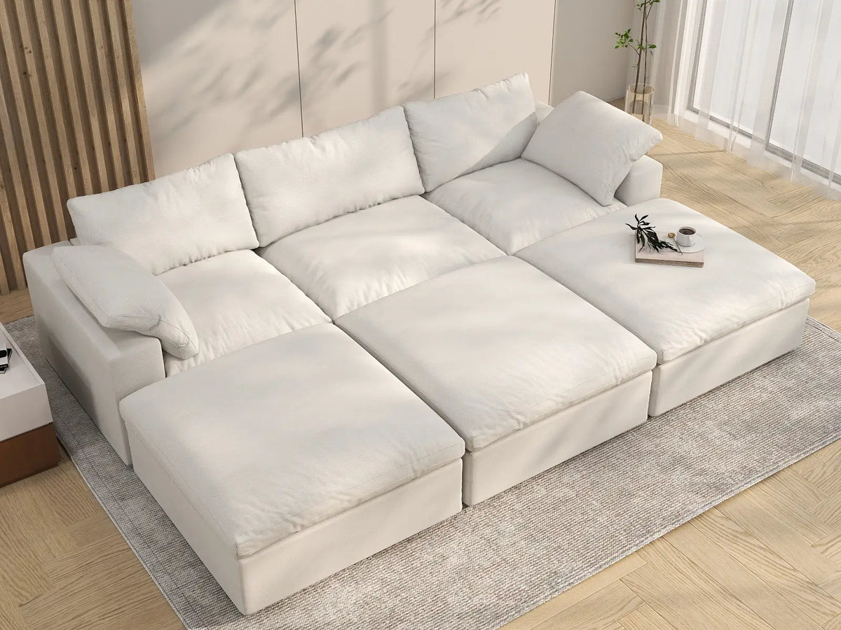 Deluxe Cloud 3-Seater White Pit Sectional | 6-Piece (Includes 3 Ottomans), Cotton And Linen Fabric, Family Room Seating, Washable Cushion Covers