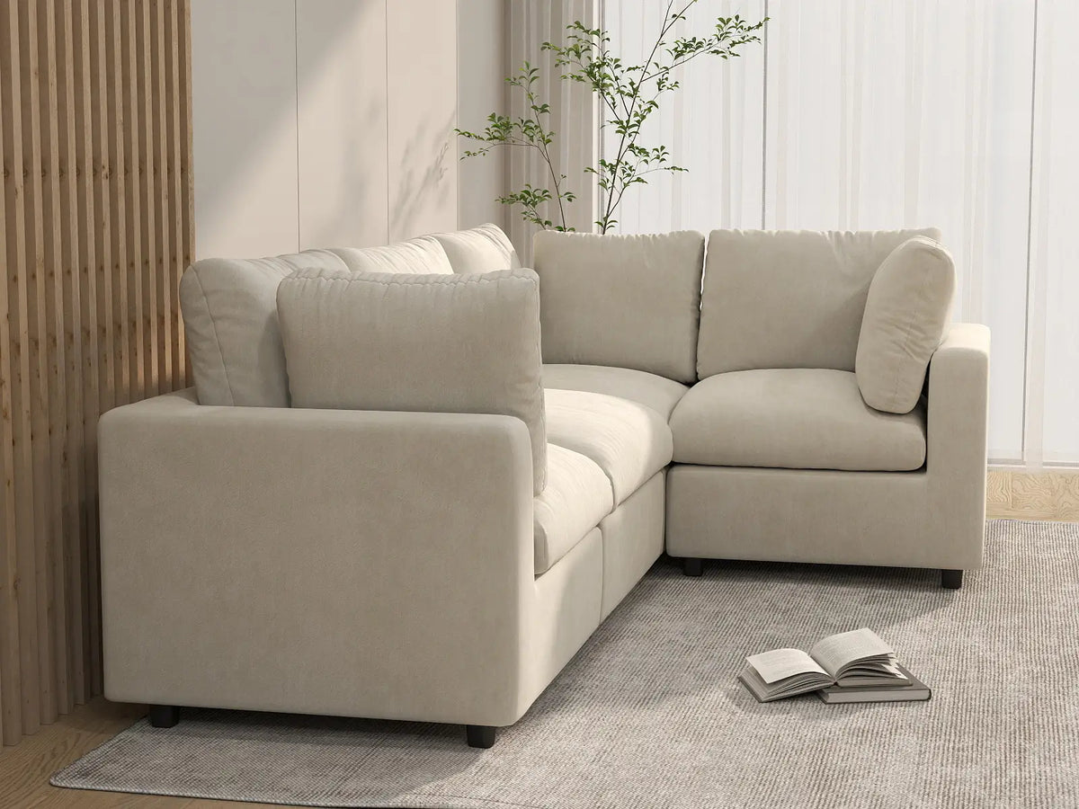 Deluxe Cloud 4-Seater Beige Large Space L-Shaped Sectional | 4-Piece, Linen-Blend Chenille Fabric, Easy To Clean