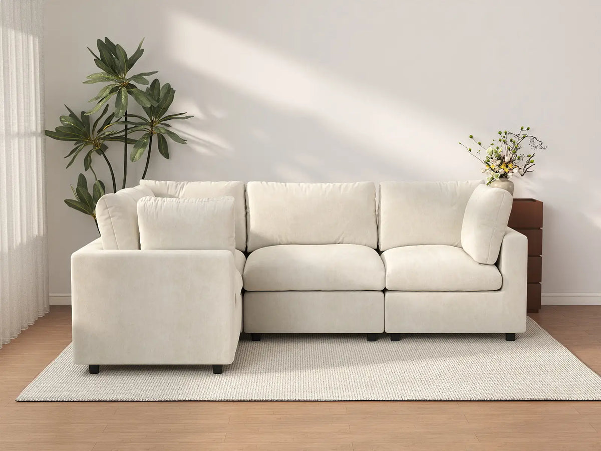 Deluxe Cloud 4-Seater Beige Large Space L-Shaped Sectional | 4-Piece, Linen-Blend Chenille Fabric, Easy To Clean