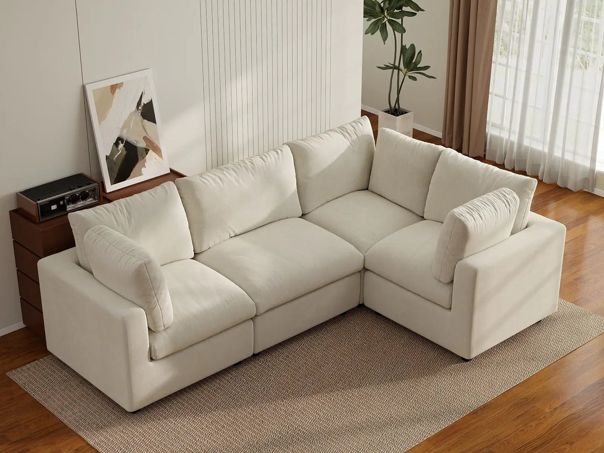 Deluxe Cloud 4-Seater Beige Large Space L-Shaped Sectional | 4-Piece, Linen-Blend Chenille Fabric, Easy To Clean