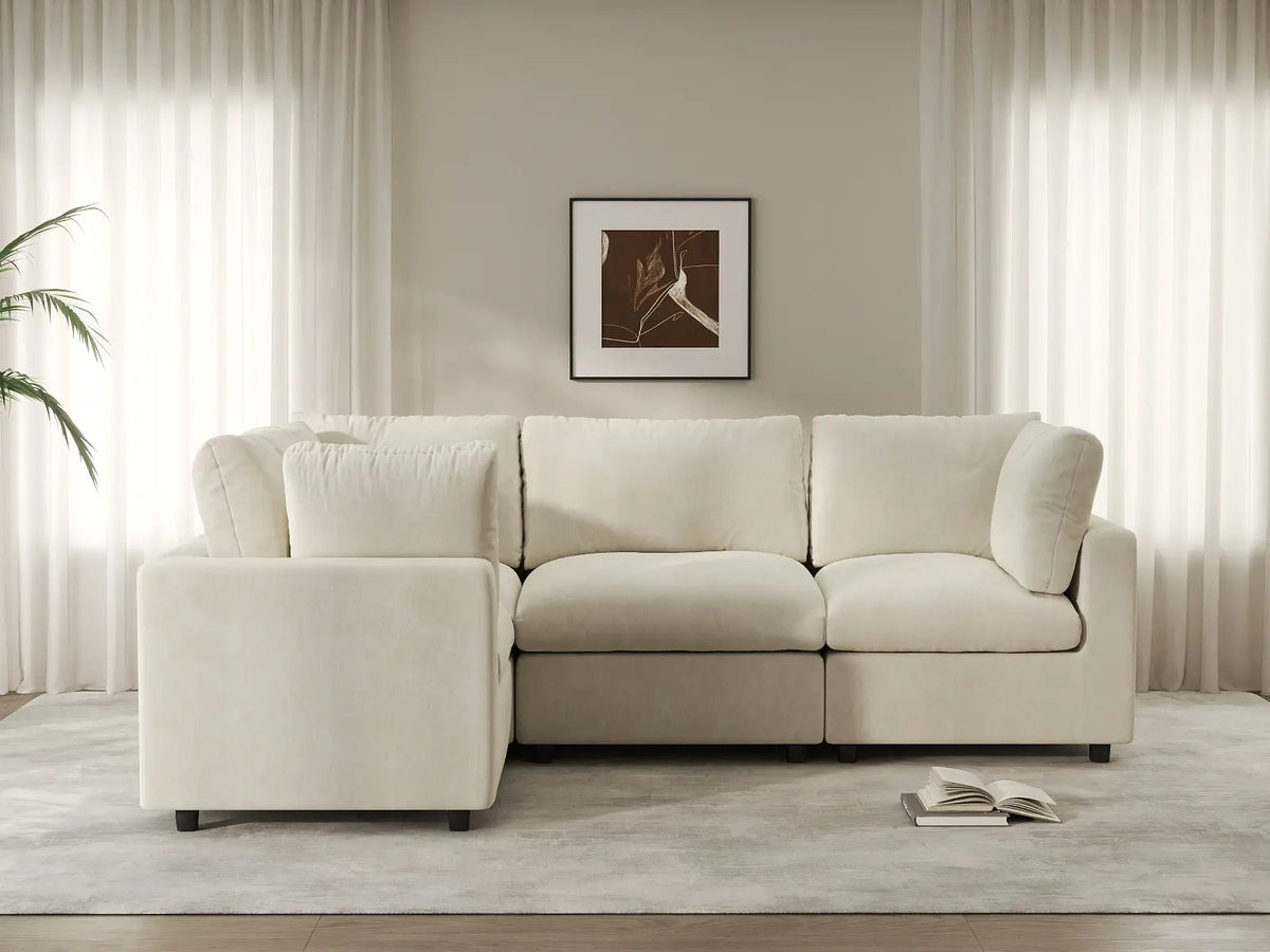 Deluxe Cloud 4-Seater Beige Large Space L-Shaped Sectional | 4-Piece, Linen-Blend Chenille Fabric, Easy To Clean