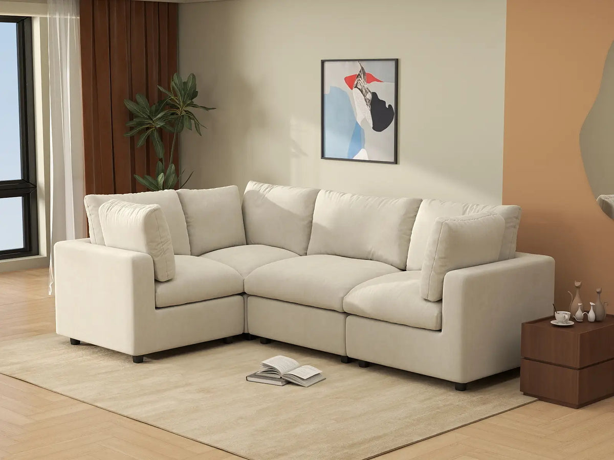 Deluxe Cloud 4-Seater Beige Large Space L-Shaped Sectional | 4-Piece, Linen-Blend Chenille Fabric, Easy To Clean