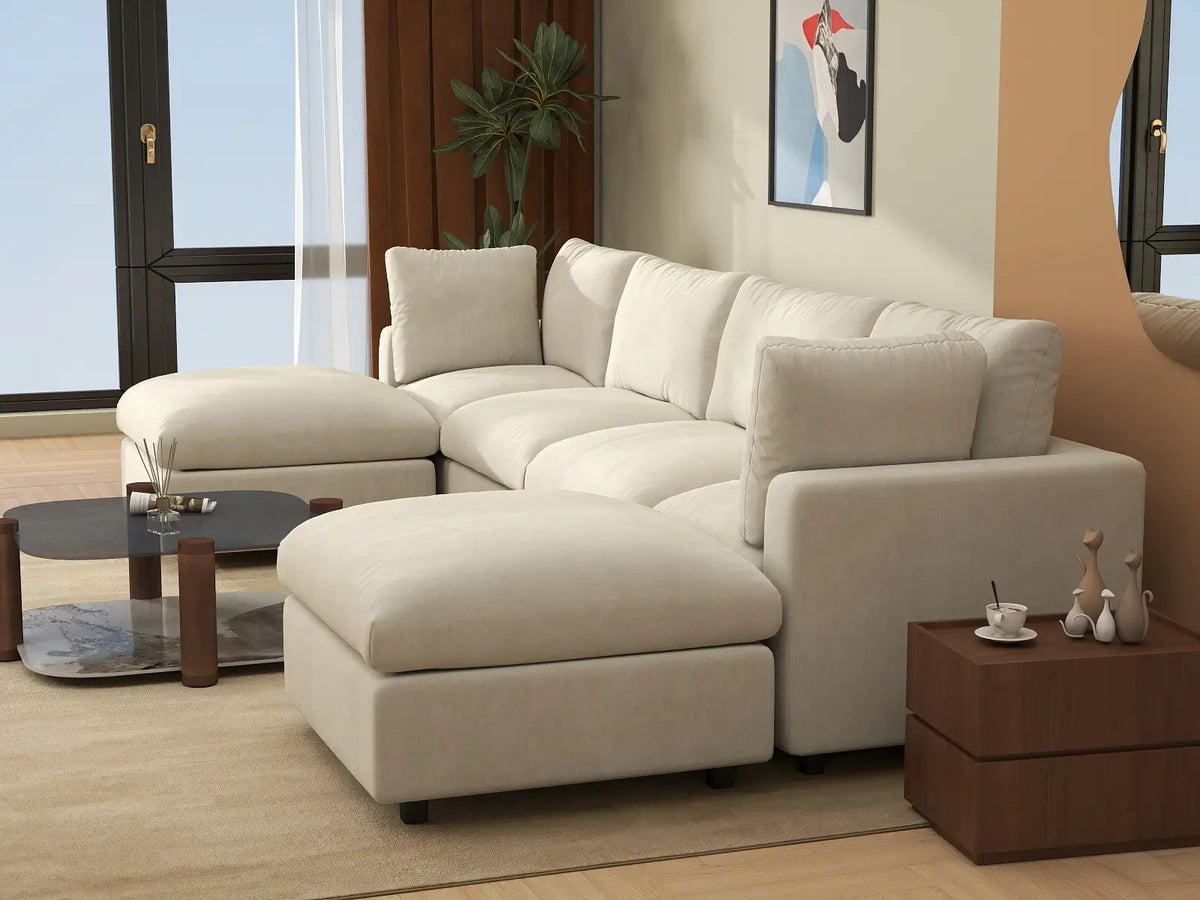 Deluxe Cloud 4-Seater Beige Large Space U-Shaped Sectional | 6-Piece (Includes 2 Ottomans), Linen-Blend Chenille Fabric, Easy To Clean